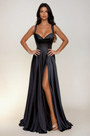 CAMILA  LACE UP CORSET SATIN GOWN IN BLACK