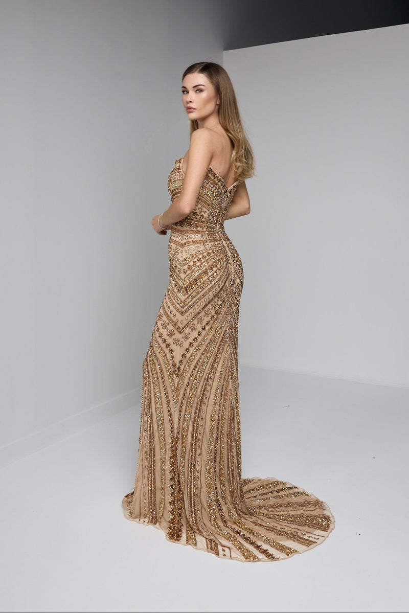 ZARELLE BEADED GOWN IN GOLD