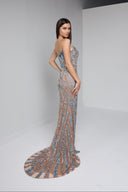 ARIA BEADED BUSTIER GOWN IN NUDE WITH TEAL