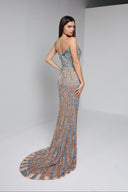 ARIA BEADED BUSTIER GOWN IN NUDE WITH TEAL