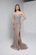 ARIA BEADED BUSTIER GOWN IN NUDE WITH TEAL