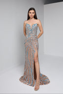 ARIA BEADED BUSTIER GOWN IN NUDE WITH TEAL