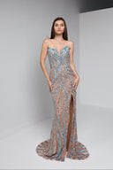 ARIA BEADED BUSTIER GOWN IN NUDE WITH TEAL
