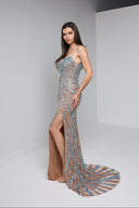 ARIA BEADED BUSTIER GOWN IN NUDE WITH TEAL