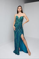 ARIA BEADED BUSTIER GOWN IN EMERALD