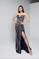 ARIA BEADED BUSTIER GOWN IN NAVY AND GOLD