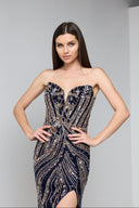 ARIA BEADED BUSTIER GOWN IN NAVY AND GOLD