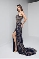ARIA BEADED BUSTIER GOWN IN NAVY AND GOLD