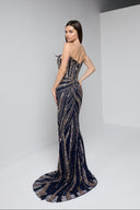 ARIA BEADED BUSTIER GOWN IN NAVY AND GOLD