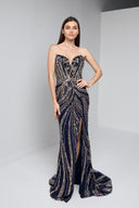 ARIA BEADED BUSTIER GOWN IN NAVY AND GOLD