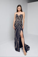 ARIA BEADED BUSTIER GOWN IN NAVY AND GOLD