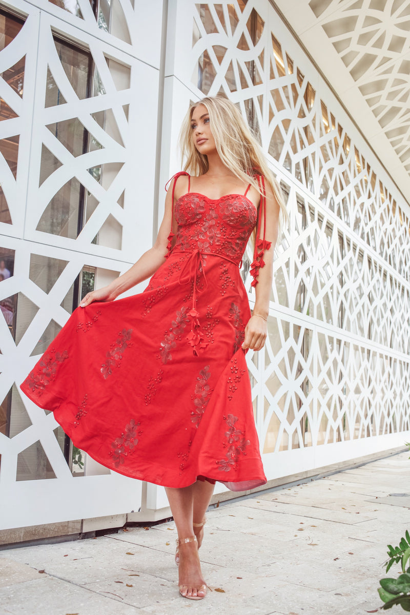 SOLEIL MIDI LINEN DRESS IN RED