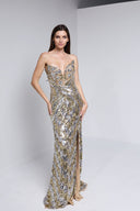 ILANA BUSTIER  BEADED SEQUIN GOWN IN GOLD WITH SILVER