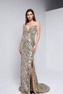 ILANA BUSTIER  BEADED SEQUIN GOWN IN GOLD WITH SILVER