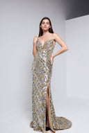 ILANA BUSTIER  BEADED SEQUIN GOWN IN GOLD WITH SILVER