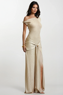 AURA ONE SHOULDER LONG DRESS IN GOLD KNIT WITH HARDWARES