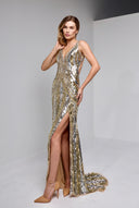 IVANA SEQUIN BEADED GOWN IN GOLD AND SILVER