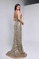ILANA BUSTIER  BEADED SEQUIN GOWN IN GOLD WITH SILVER