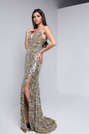 ILANA BUSTIER  BEADED SEQUIN GOWN IN GOLD WITH SILVER