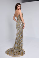 ILANA BUSTIER  BEADED SEQUIN GOWN IN GOLD WITH SILVER