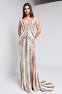 IVANA SEQUIN BEADED GOWN IN WHITE AND GOLD