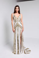 IVANA SEQUIN BEADED GOWN IN WHITE AND GOLD