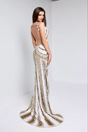 IVANA SEQUIN BEADED GOWN IN WHITE AND GOLD