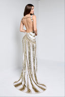 IVANA SEQUIN BEADED GOWN IN WHITE AND GOLD