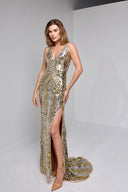IVANA SEQUIN BEADED GOWN IN GOLD AND SILVER