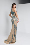 BERRA BEADED GOWN IN NUDE WITH TEAL