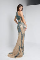 BERRA BEADED GOWN IN NUDE WITH TEAL