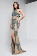 BERRA BEADED GOWN IN NUDE WITH TEAL