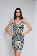 ELLE BEADED MINI DRESS IN NUDE WITH TEAL