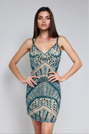 ELLE BEADED MINI DRESS IN NUDE WITH TEAL