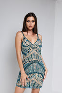 ELLE BEADED MINI DRESS IN NUDE WITH TEAL