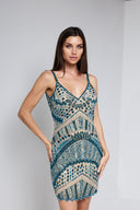 ELLE BEADED MINI DRESS IN NUDE WITH TEAL