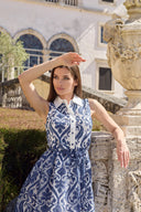 THE ÉLODIE JACQUARD MIDI DRESS IN WHITE WITH NAVY
