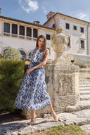 THE ÉLODIE JACQUARD MIDI DRESS IN WHITE WITH NAVY