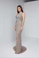 ARIANNE BEADED GOWN IN NUDE AND TEAL