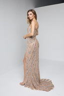 ARIA BEADED BUSTIER GOWN IN BEIGE