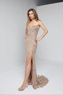 ARIA BEADED BUSTIER GOWN IN BEIGE