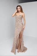 ARIA BEADED BUSTIER GOWN IN BEIGE