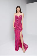 ARIA BEADED BUSTIER GOWN IN HOT PINK