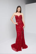 ARIA BEADED BUSTIER GOWN IN RED