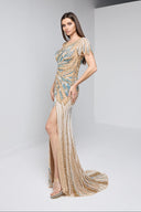 LYSANDRA BEADED GOWN IN GOLD AND TEAL