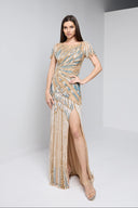 LYSANDRA BEADED GOWN IN GOLD AND TEAL