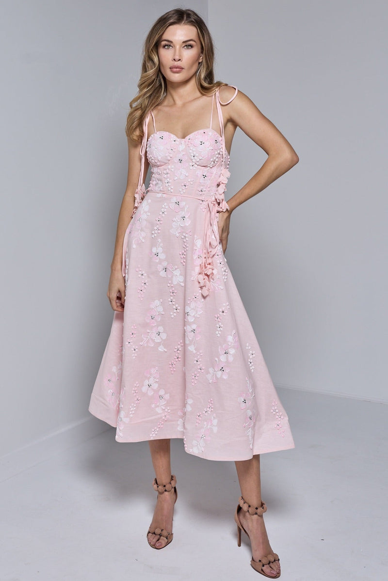 SOLEIL MIDI LINEN DRESS IN BABY PINK